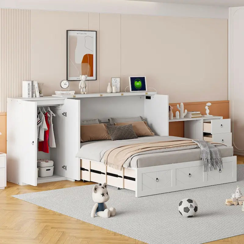 Queen Size Murphy Bed met USB-poort, lade, kledingkast en bureau