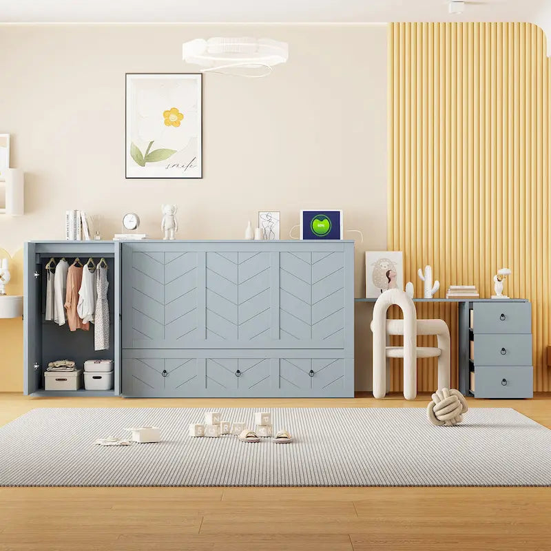 Queen Size Murphy Bed met USB-poort, lade, kledingkast en bureau
