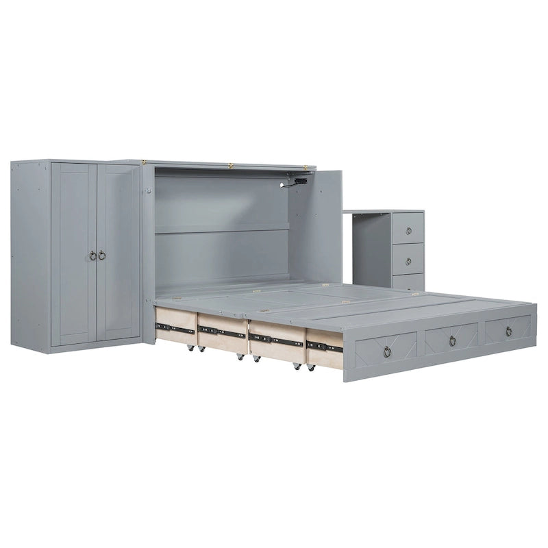 Queen Size Murphy Bed met USB-poort, lade, kledingkast en bureau