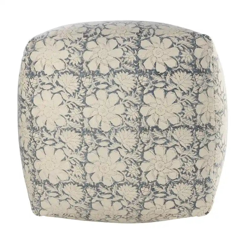 Marineblauw en wit gebloemde vierkante poef – 50 cm