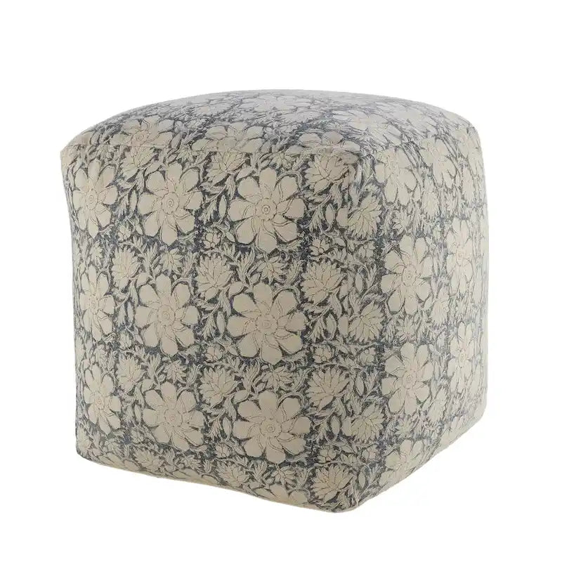 Marineblauw en wit gebloemde vierkante poef – 50 cm