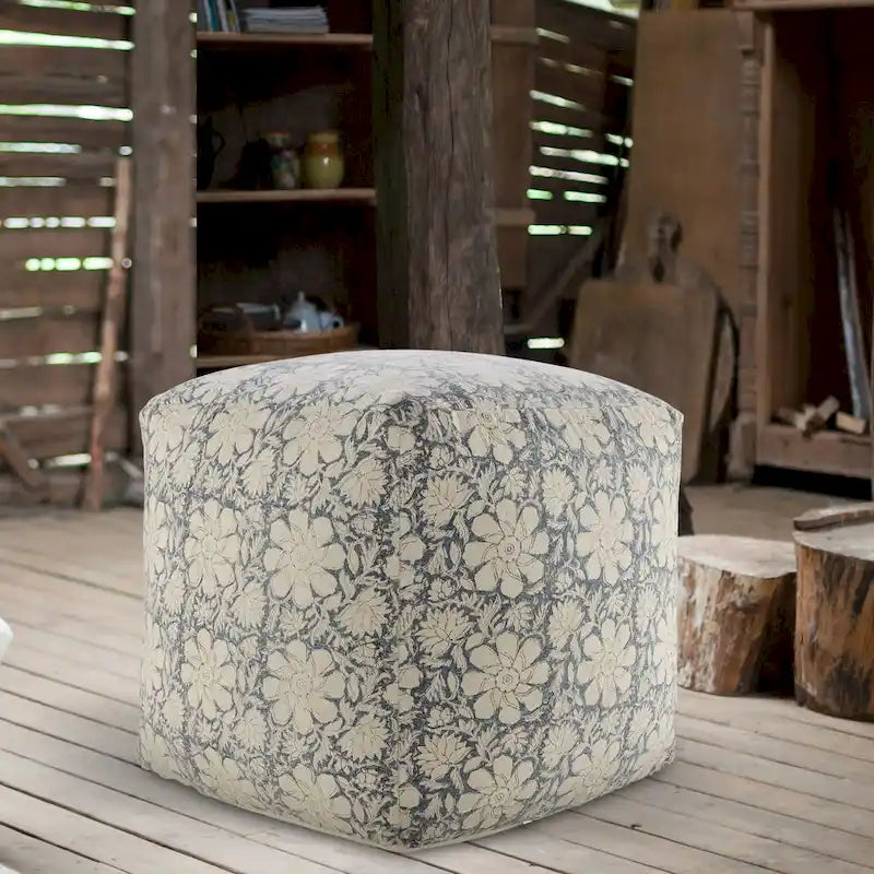 Marineblauw en wit gebloemde vierkante poef – 50 cm