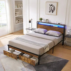 King Size Metalen Platform Bed met LED-Verlichting, Houten Hoofdbord en Twee Laden
