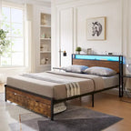 King Size Metalen Platform Bed met LED-Verlichting, Houten Hoofdbord en Twee Laden