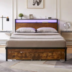 King Size Metalen Platform Bed met LED-Verlichting, Houten Hoofdbord en Twee Laden