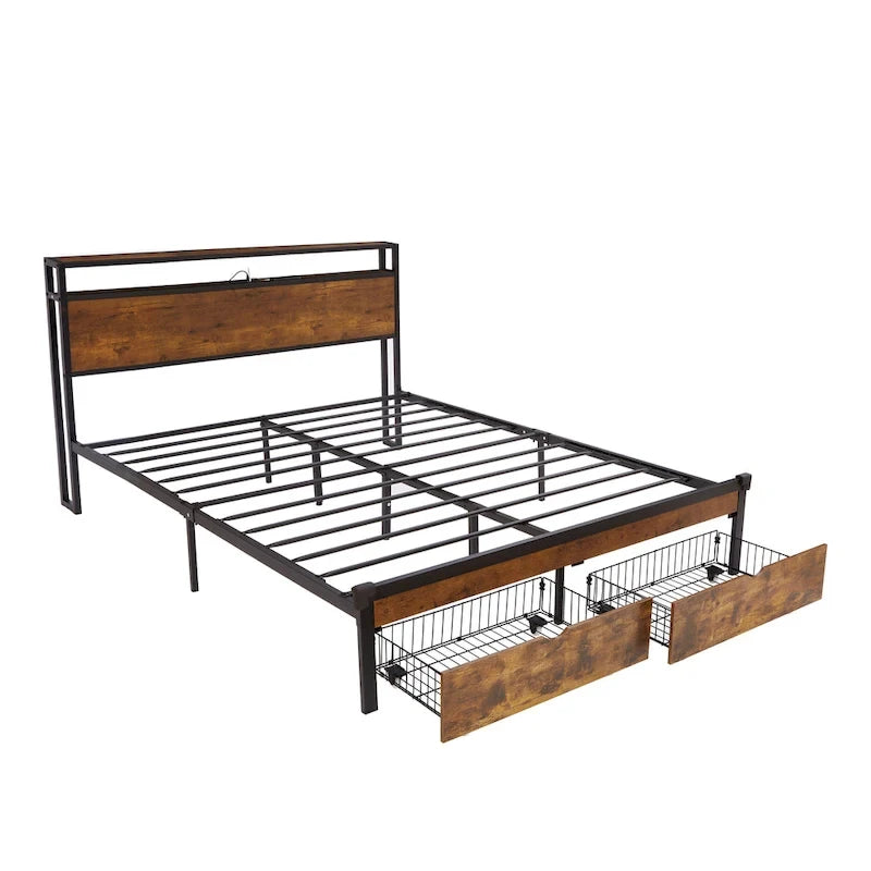 King Size Metalen Platform Bed met LED-Verlichting, Houten Hoofdbord en Twee Laden