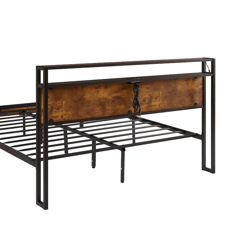 King Size Metalen Platform Bed met LED-Verlichting, Houten Hoofdbord en Twee Laden