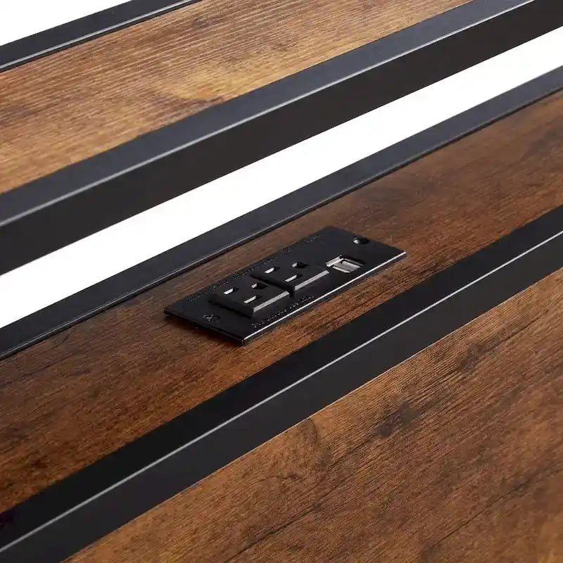 King Size Metalen Platform Bed met LED-Verlichting, Houten Hoofdbord en Twee Laden