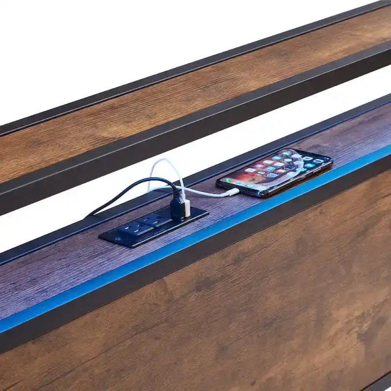 King Size Metalen Platform Bed met LED-Verlichting, Houten Hoofdbord en Twee Laden