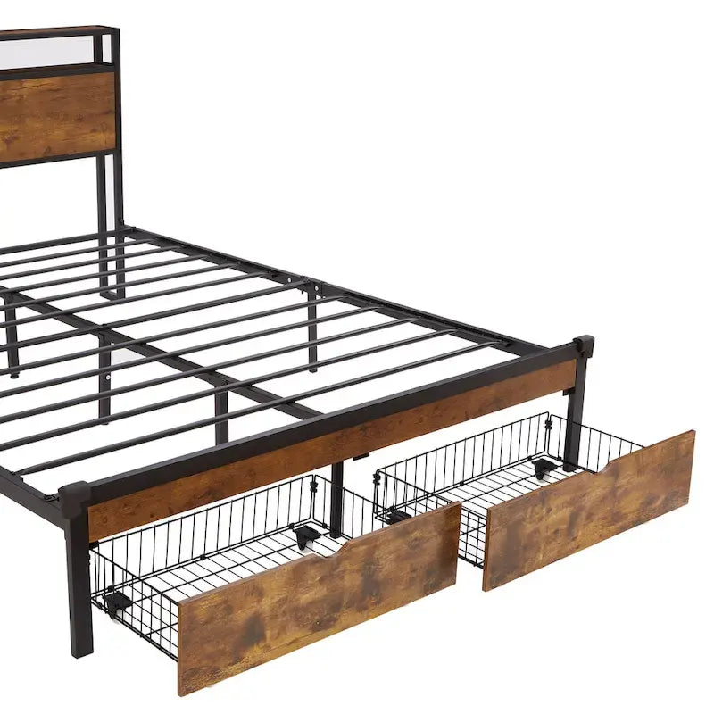 King Size Metalen Platform Bed met LED-Verlichting, Houten Hoofdbord en Twee Laden