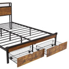 King Size Metalen Platform Bed met LED-Verlichting, Houten Hoofdbord en Twee Laden