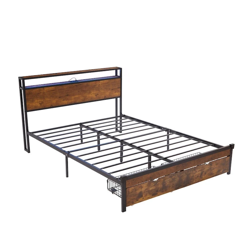King Size Metalen Platform Bed met LED-Verlichting, Houten Hoofdbord en Twee Laden