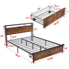 King Size Metalen Platform Bed met LED-Verlichting, Houten Hoofdbord en Twee Laden