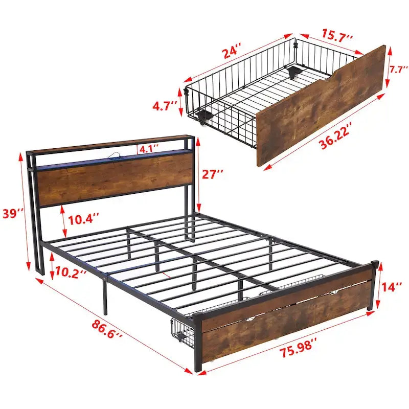 King Size Metalen Platform Bed met LED-Verlichting, Houten Hoofdbord en Twee Laden
