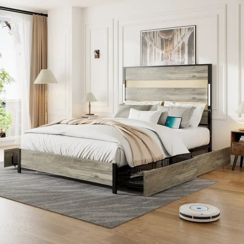 Queen Size Platform Bed met Opberglades en Oplaadstation