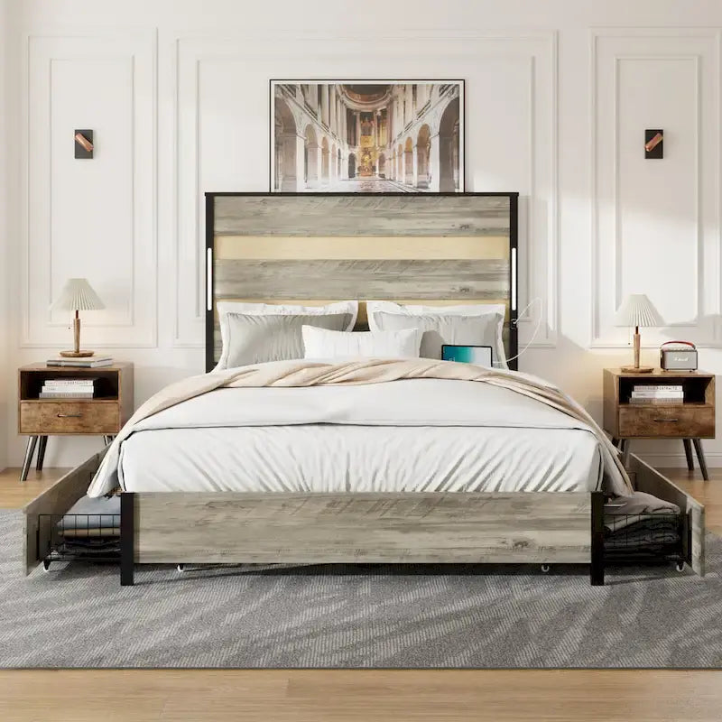 Queen Size Platform Bed met Opberglades en Oplaadstation