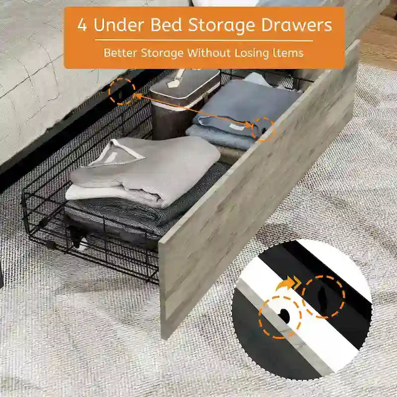 Queen Size Platform Bed met Opberglades en Oplaadstation