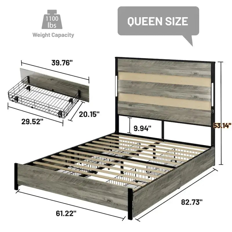 Queen Size Platform Bed met Opberglades en Oplaadstation