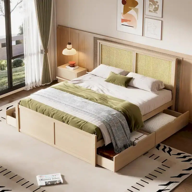 Queen Size Houten Opbergbed met 4 Lades en Rieten Hoofdeinde