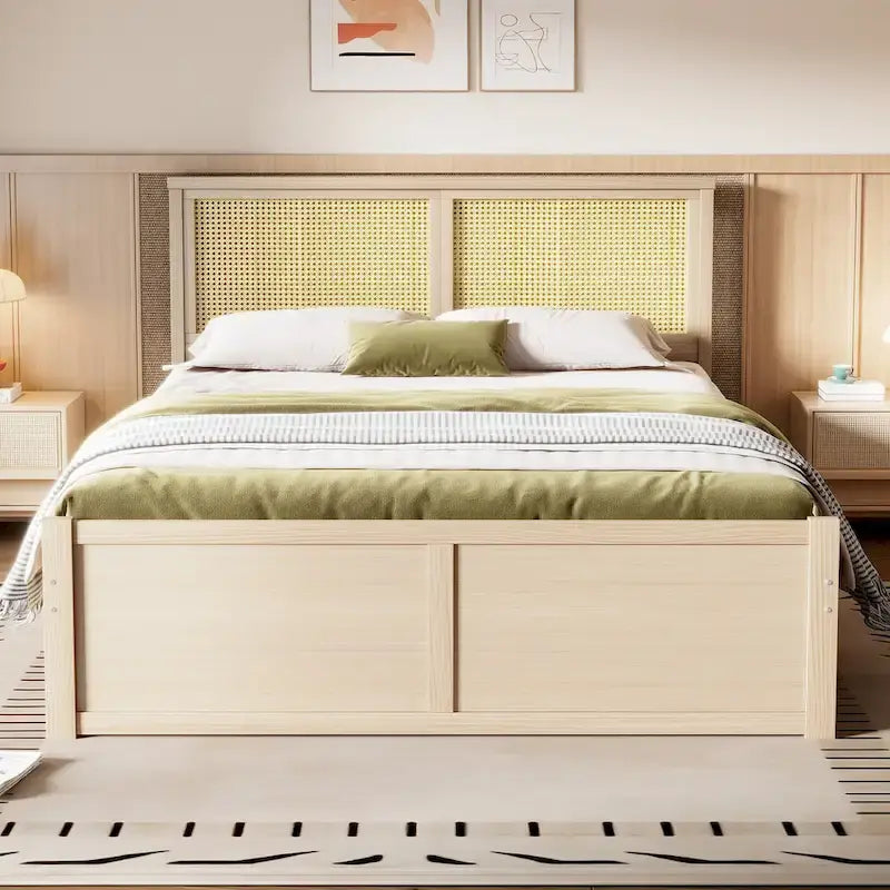 Queen Size Houten Opbergbed met 4 Lades en Rieten Hoofdeinde