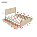 Queen Size Houten Opbergbed met 4 Lades en Rieten Hoofdeinde