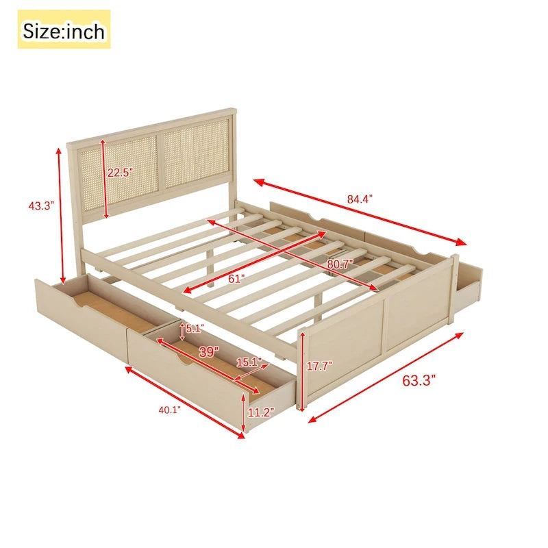Queen Size Houten Opbergbed met 4 Lades en Rieten Hoofdeinde