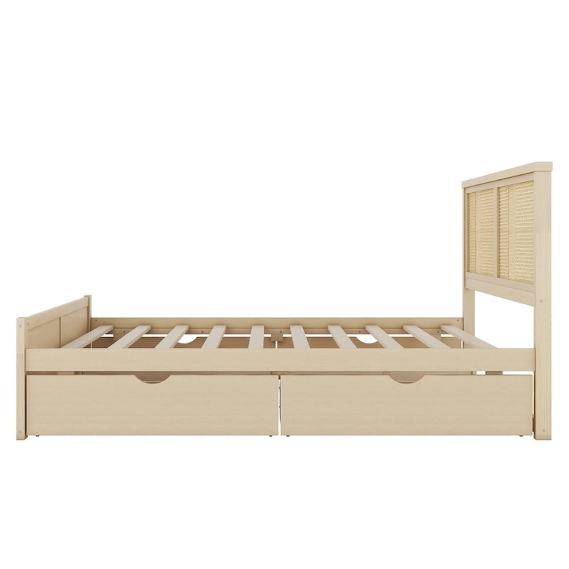 Queen Size Houten Opbergbed met 4 Lades en Rieten Hoofdeinde
