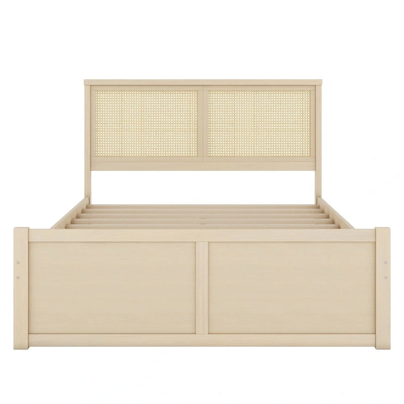 Queen Size Houten Opbergbed met 4 Lades en Rieten Hoofdeinde