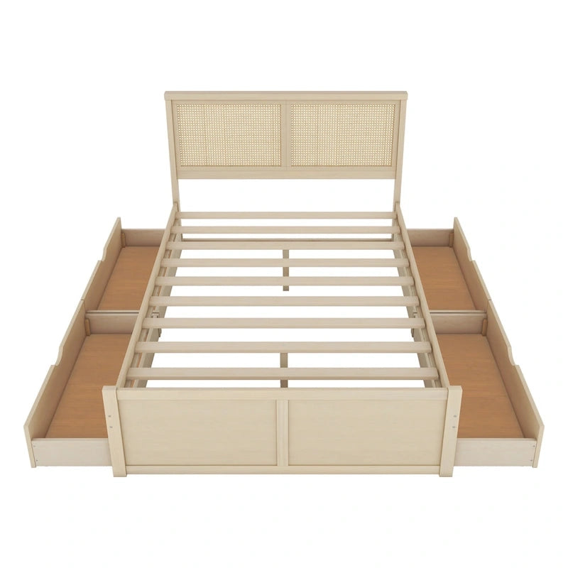 Queen Size Houten Opbergbed met 4 Lades en Rieten Hoofdeinde