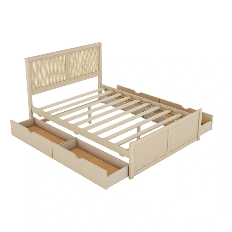 Queen Size Houten Opbergbed met 4 Lades en Rieten Hoofdeinde