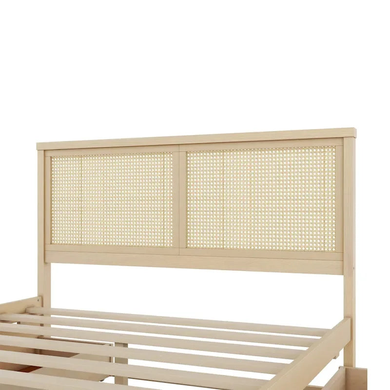 Queen Size Houten Opbergbed met 4 Lades en Rieten Hoofdeinde