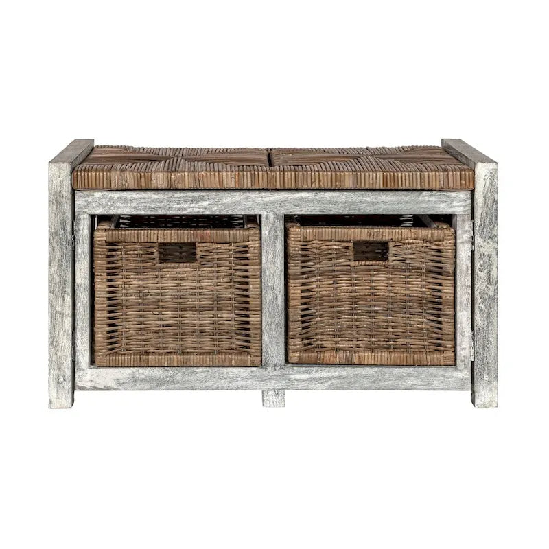 Rustieke opbergbank van 76 cm met 2 rieten manden, grijs