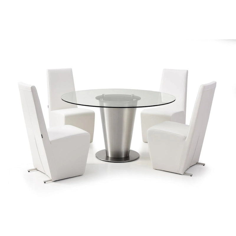 Ronde glazen eettafel met roestvrijstalen onderstel