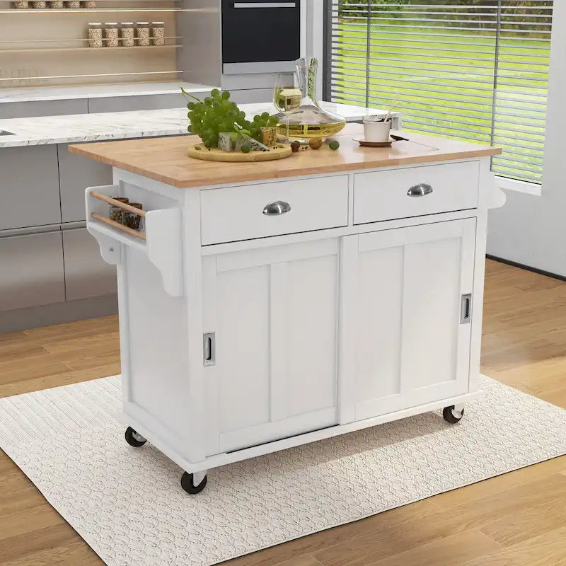 Keukenwagen met uitklapbaar aanrechtblad en schuifdeur in schuurstijl