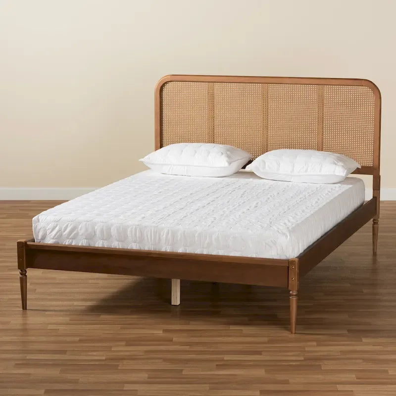 Mid-Century Modern Platformbed van Synthetisch Rotan en Hout - Essen Walnoot