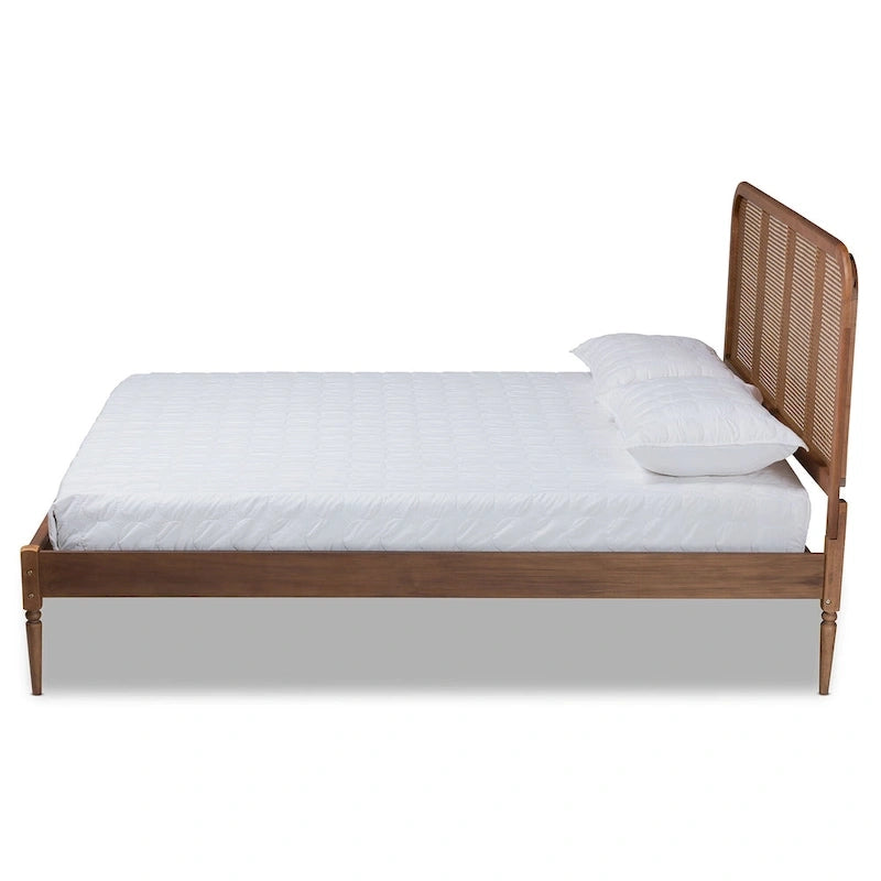 Mid-Century Modern Platformbed van Synthetisch Rotan en Hout - Essen Walnoot