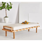 Teak bank met geweven lederen zitting en kussen - 70B x 26D x 19H