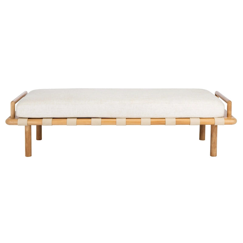 Teak bank met geweven lederen zitting en kussen - 70B x 26D x 19H