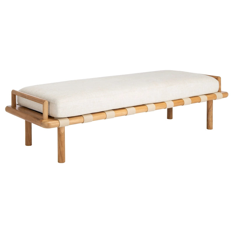 Teak bank met geweven lederen zitting en kussen - 70B x 26D x 19H