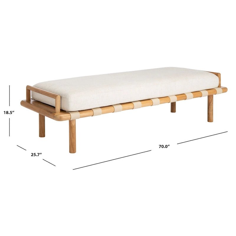 Teak bank met geweven lederen zitting en kussen - 70B x 26D x 19H