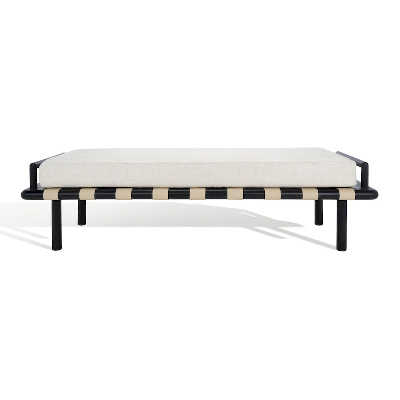 Teak bank met geweven lederen zitting en kussen - 70B x 26D x 19H