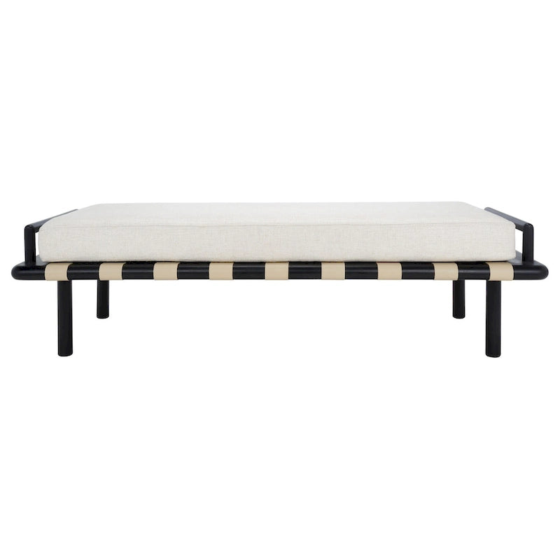 Teak bank met geweven lederen zitting en kussen - 70B x 26D x 19H