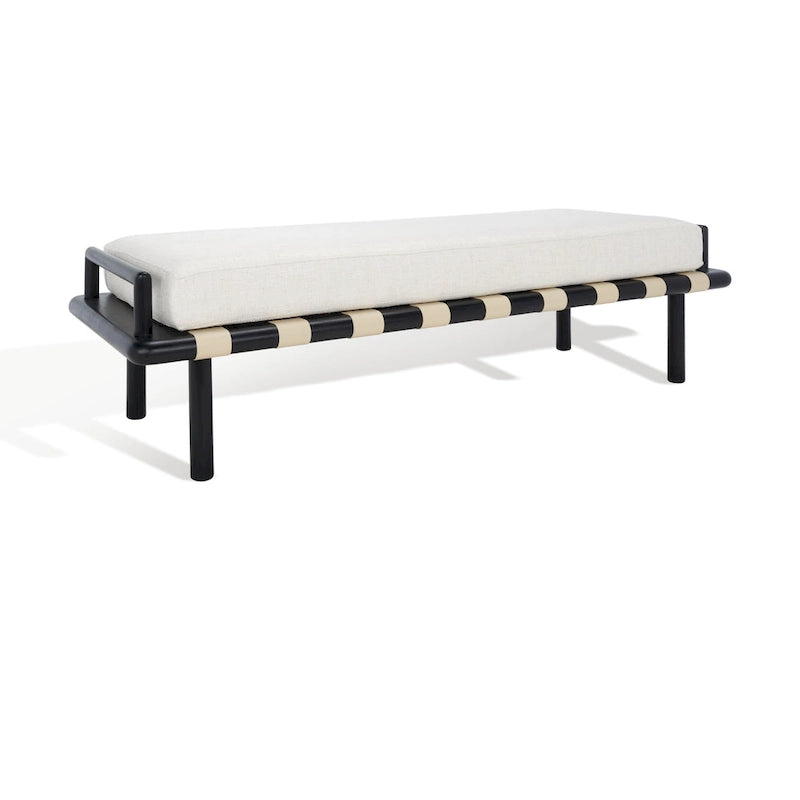 Teak bank met geweven lederen zitting en kussen - 70B x 26D x 19H