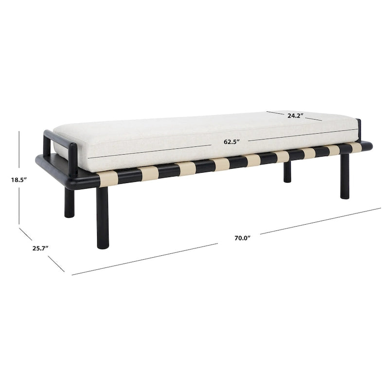 Teak bank met geweven lederen zitting en kussen - 70B x 26D x 19H