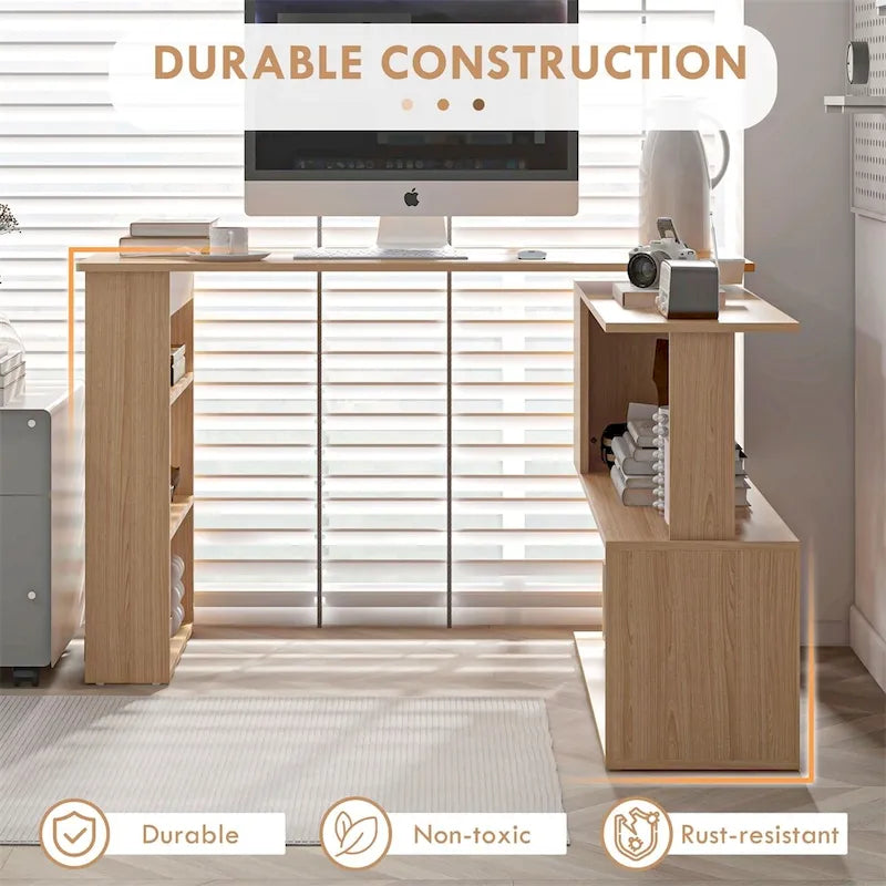 L-vormig hoekbureau met 360° draaibaar ontwerp en planken