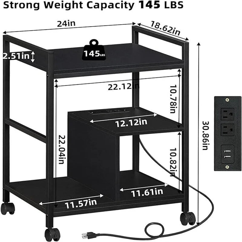 3-laags printerstandaard met laadstation en USB-poorten, 24D x 18,62B x 30,86H