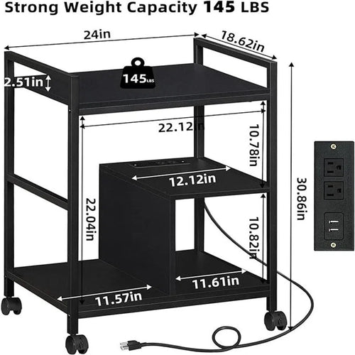 3-laags printerstandaard met laadstation en USB-poorten, 24D x 18,62B x 30,86H