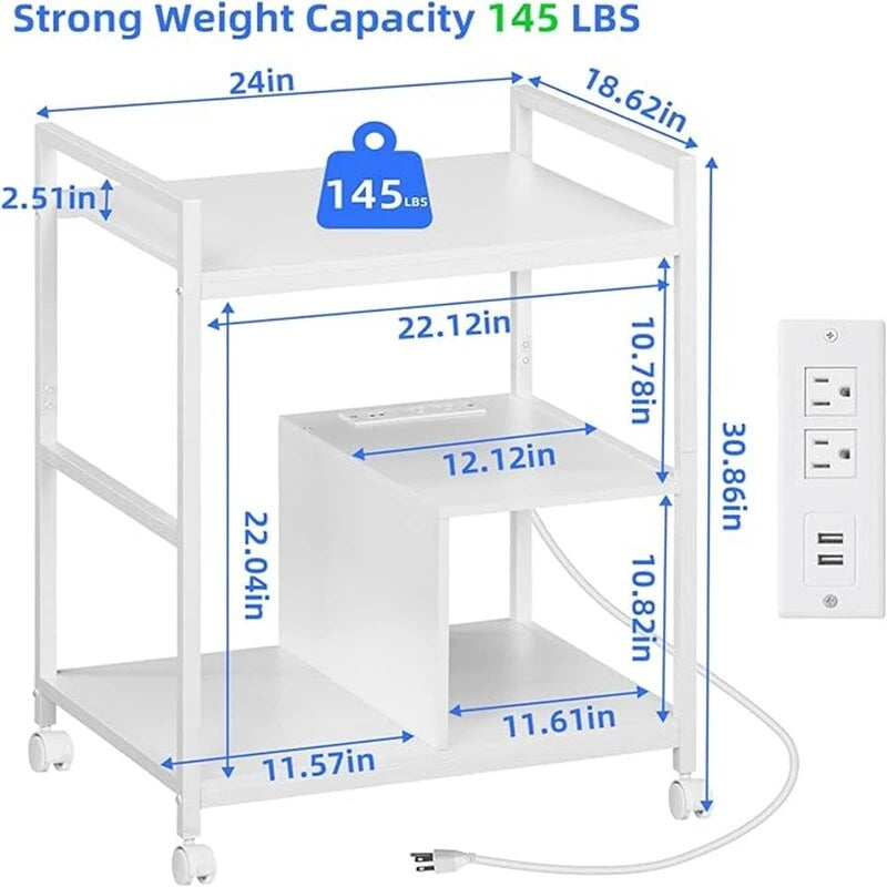 3-laags printerstandaard met laadstation en USB-poorten, 24D x 18,62B x 30,86H