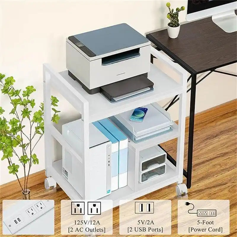 3-laags printerstandaard met laadstation en USB-poorten, 24D x 18,62B x 30,86H