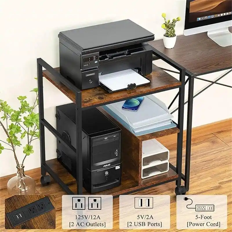 3-laags printerstandaard met laadstation en USB-poorten, 24D x 18,62B x 30,86H
